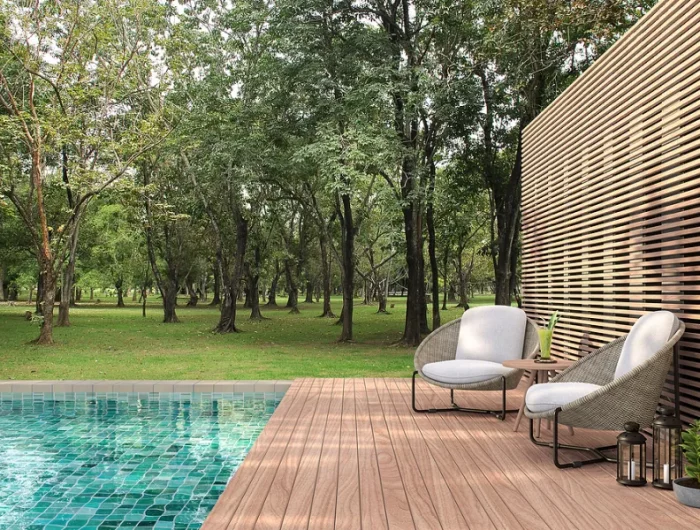 exemple d écran de bois barrière exterieur amenagement piscine moderne séparation bois