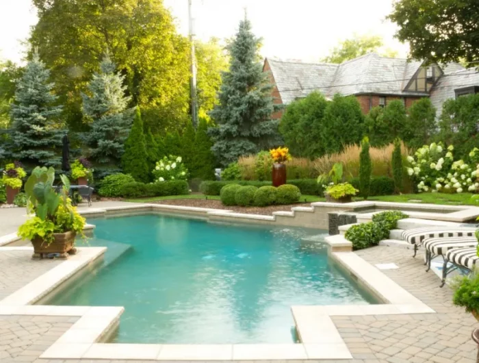 jardin symetrique et structuré quelle plante autour piscine choisir