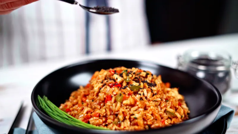 Vegetable fried rice with black sesame seeds