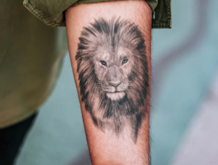tatouage homme lion dessin corp encre noir symbole