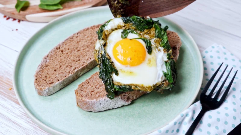 Bread slices, egg olive oil fork