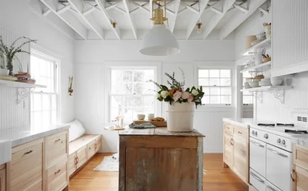 cuisine campagne chic avec ilot murs blancs et meuble cuisine bois clair