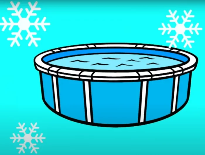 piscine ronde dessinee sur un fond bleu avec des flocons de neige