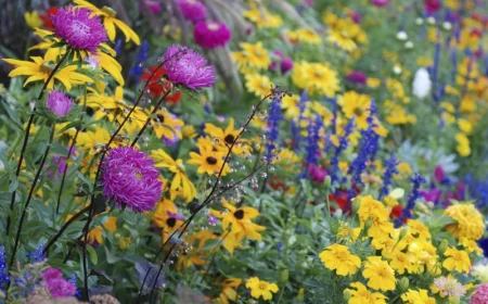 quelle distance entre les vivaces fleurs violettes jaunes champ feuilles vertes