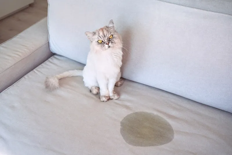 comment nettoyer une aureole de pipi de chat sur un canape en tissu claire avec un chat gris claire