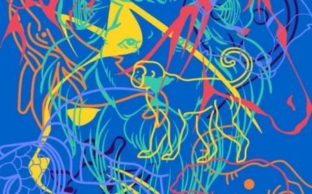 dessin colore avec des animaux sur fond bleu