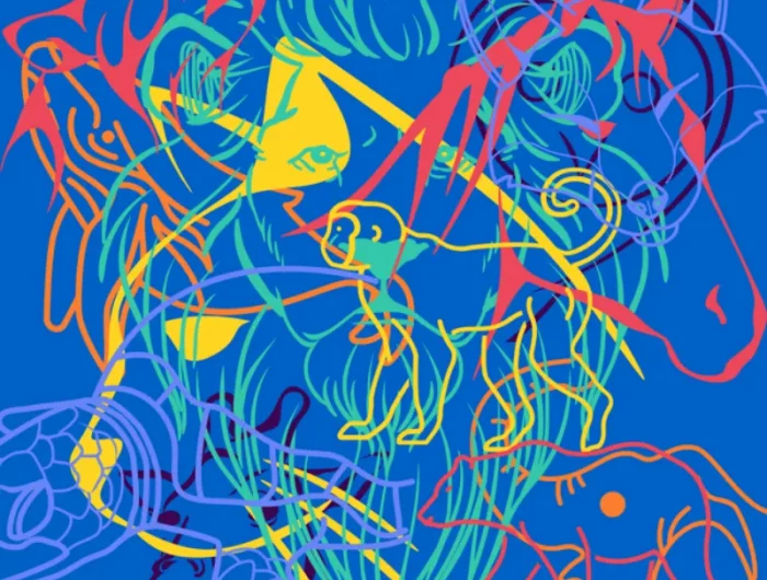 dessin colore avec des animaux sur fond bleu