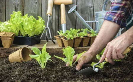 deux mains qui plantent des salades vertes et des instruments sur fond de parois en bois