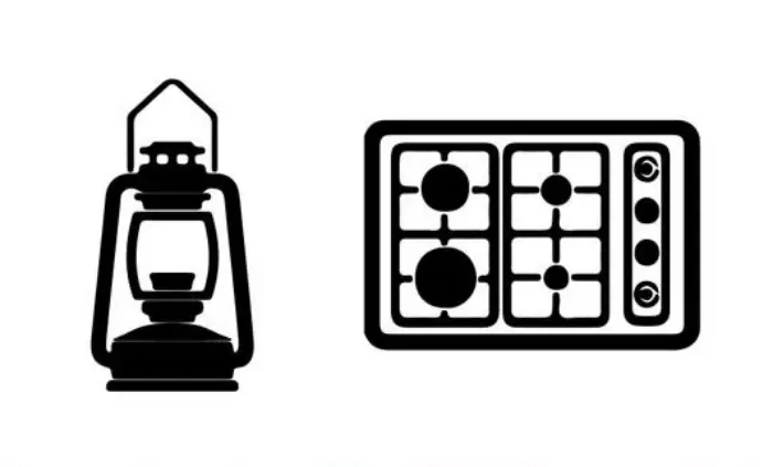diagrame en noir sur blanc avec une lampe a gaz et une cuisiniere a gaz