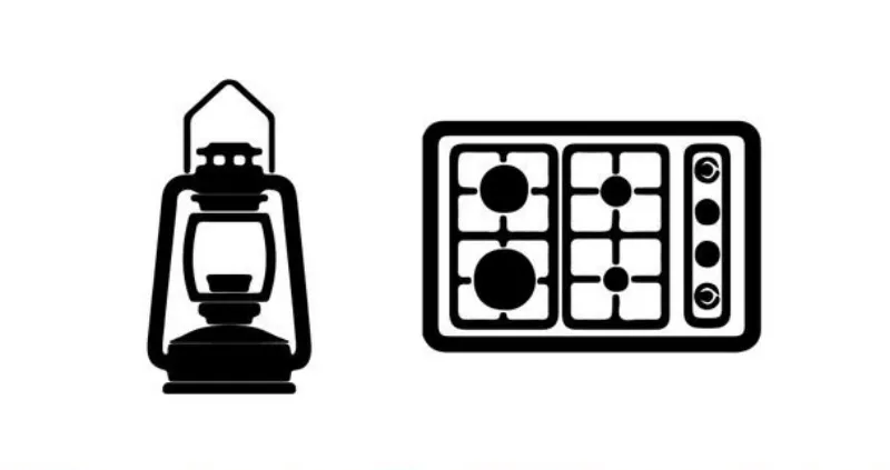 diagrame en noir sur blanc avec une lampe a gaz et une cuisiniere a gaz