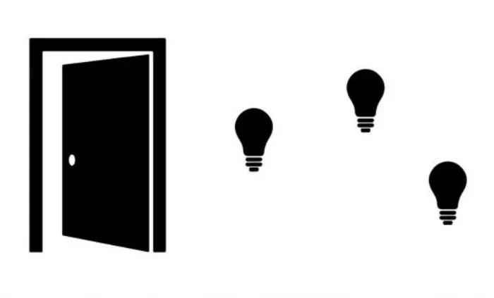 diagramme de noir sur blanc des ampoules et une porte entreouverte