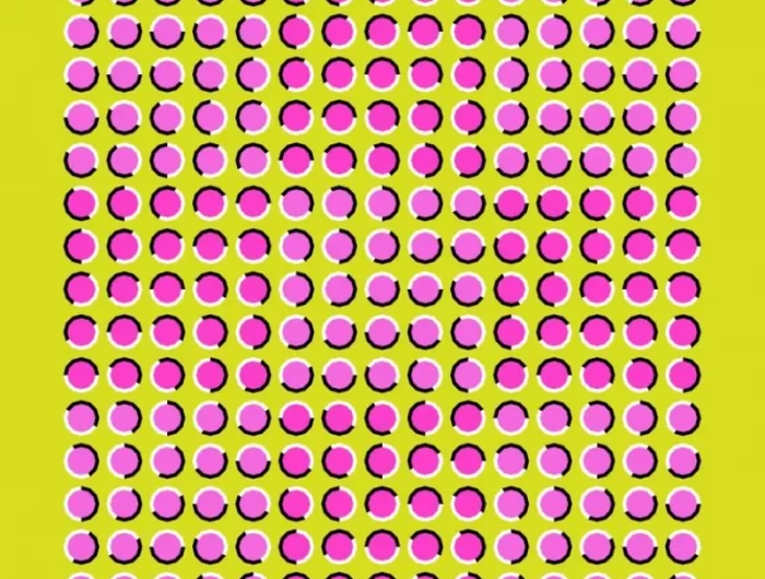 illusion du mouvement avec des petits ronds roses inscrit dans un carre vert