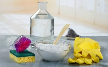 nettoyer de la moisissure avec du bicarbonate de soude coupe de bicarbonate gants jaunes et eponge sur unetable