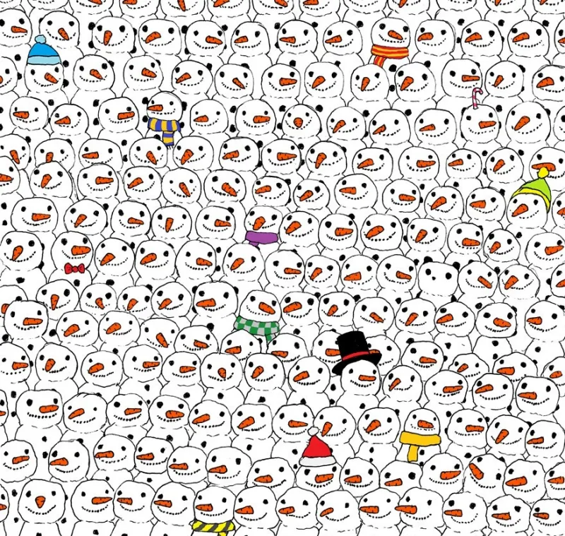 ou est le panda cache parmi les bonhommes de neige