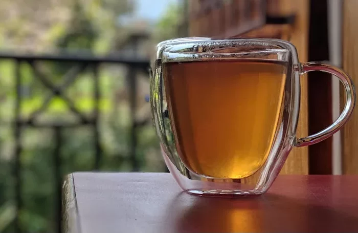 quels sont les bienfaits de la tisane de laurier avec une tasse en verre pleine en premier plan