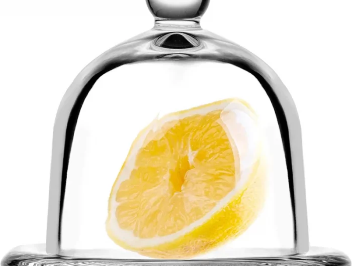 recipient pour conservation du citron avec un demi citron sous cloche sur fond blanc