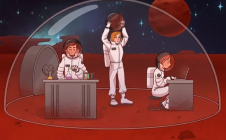 station spatiale et trois personnes sur la palnete mars