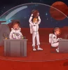 station spatiale et trois personnes sur la palnete mars