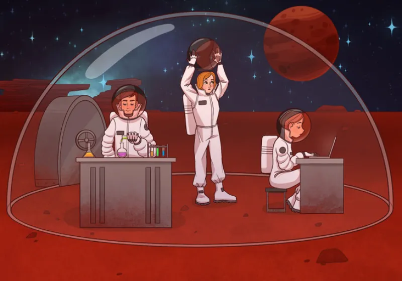 station spatiale et trois personnes sur la palnete mars