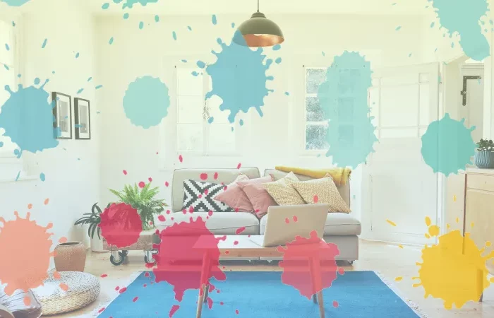 taches de couleur dans un interieur claire avec canape table basse et tapis bleu