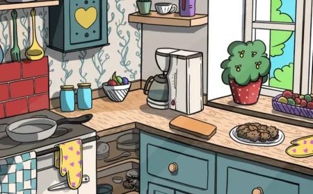 uisine dessinee avec de la nourriture une plante verte et un mixer un poele et des ustensiles