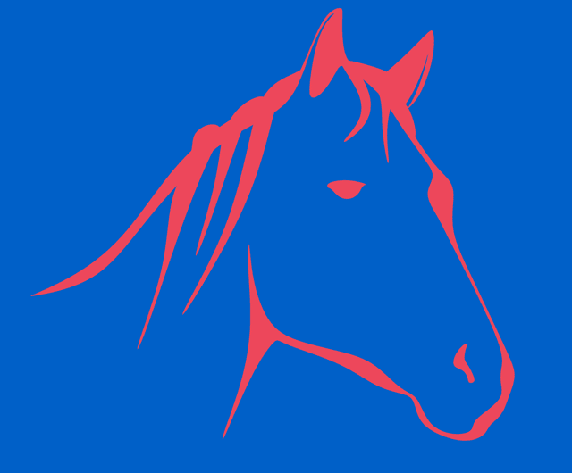 une tete de cheval et son coup dessines aux traits rouges sur fond bleu
