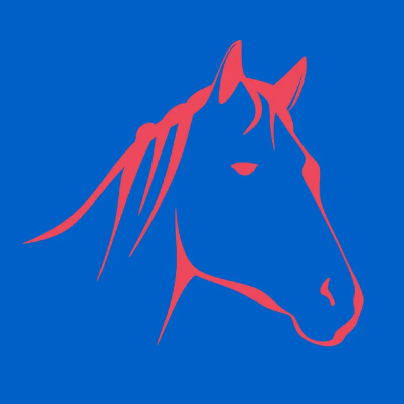 une tete de cheval et son coup dessines aux traits rouges sur fond bleu