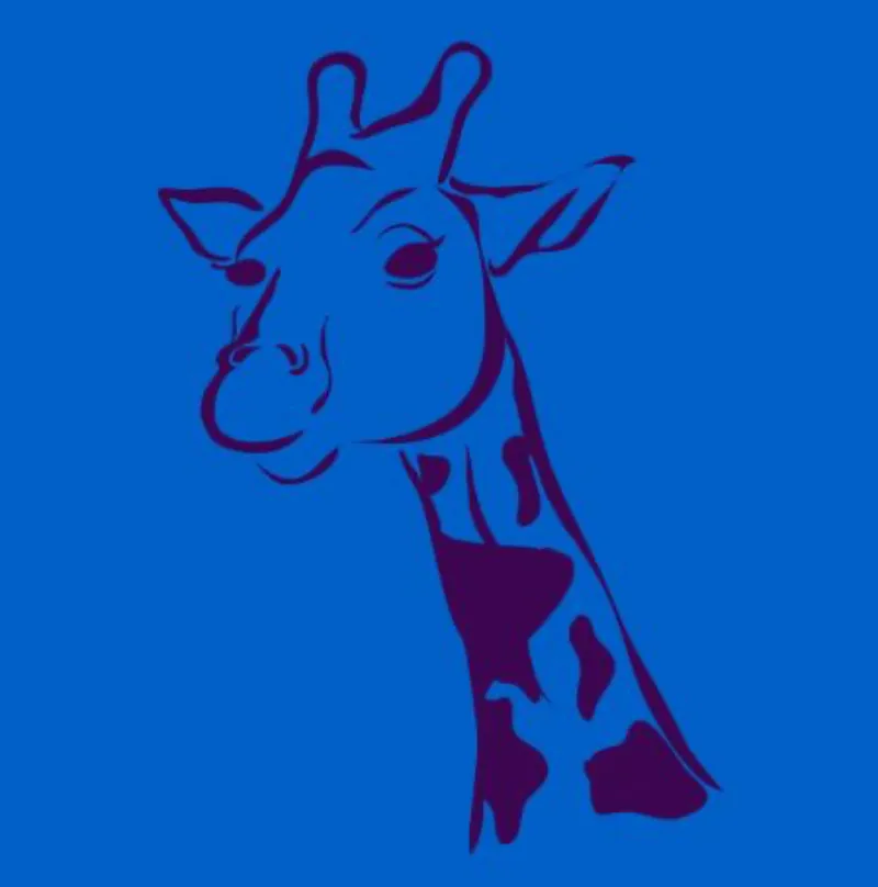 une tete de girafe dessine aux traits violets sur fond bleu