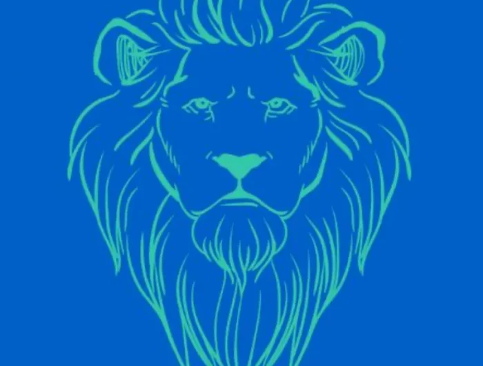 une tete de lion dessine aux traits vert sur fond bleu