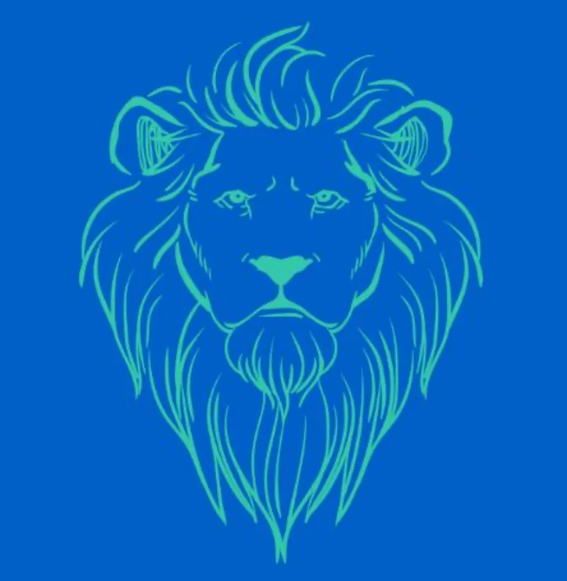 une tete de lion dessine aux traits vert sur fond bleu