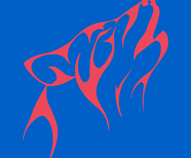une tete de loup dessine aux traits rouges sur fond bleu