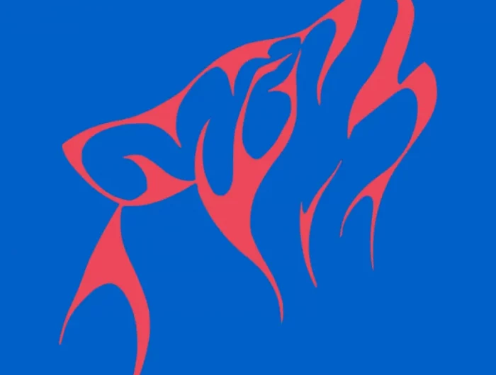 une tete de loup dessine aux traits rouges sur fond bleu