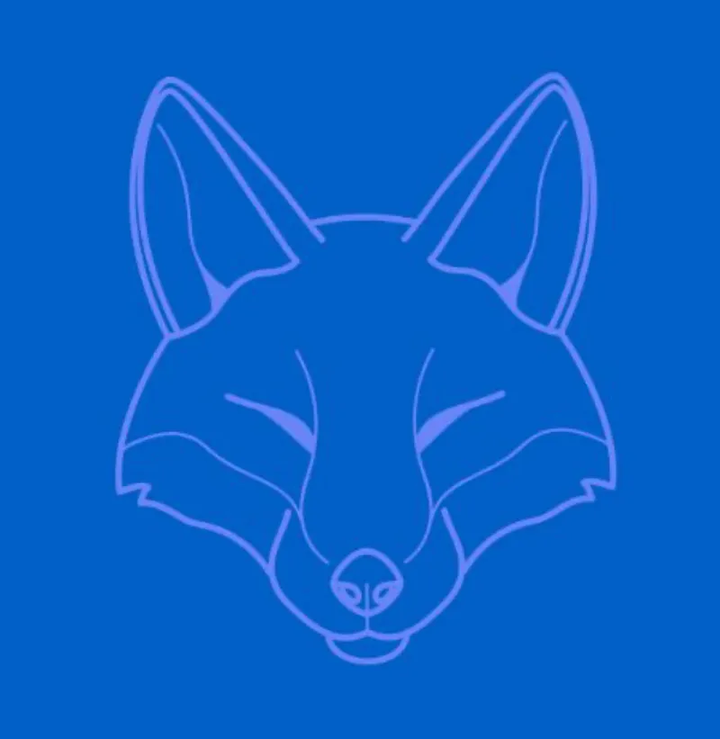 une tete de renard dessine aux traits gris claires sur fond bleu