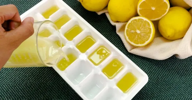 verser du jus de citron dans un bac a glacons blanc avec de citron coupes et entier en haut a droite