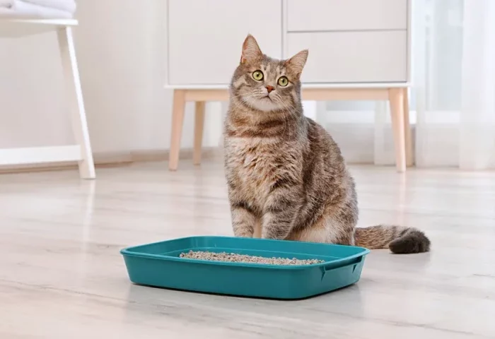 chat dans une cuisine a cote de la litiere