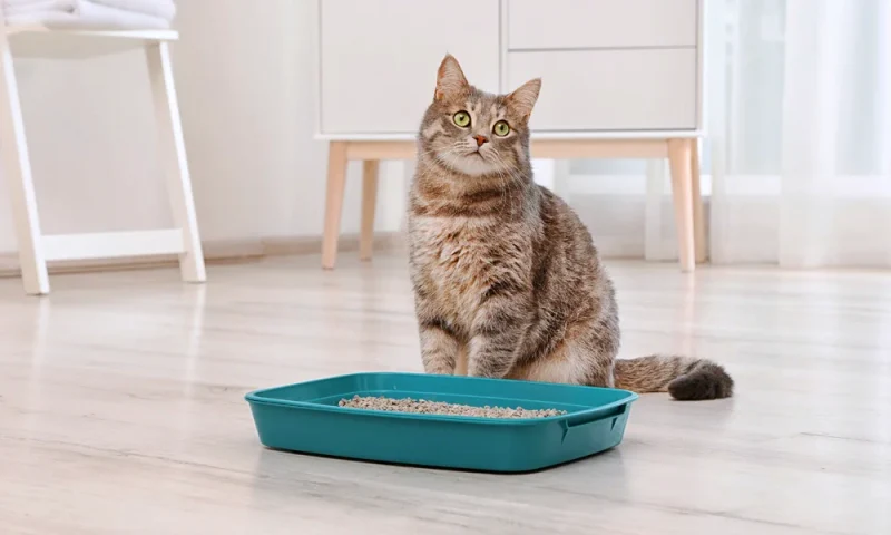 chat dans une cuisine a cote de la litiere