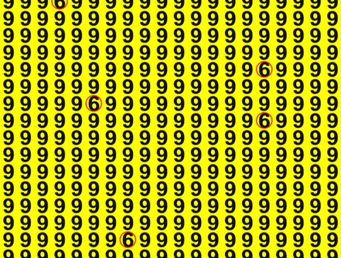chiffre six entoure en rouge parmi le chiffre neuf en repetition sur fond jaune