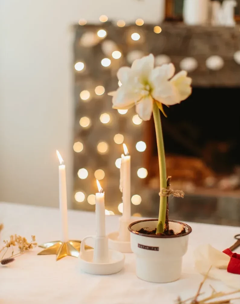 déco minimaliste de table bougies quelques décorations et pot avec une fleur