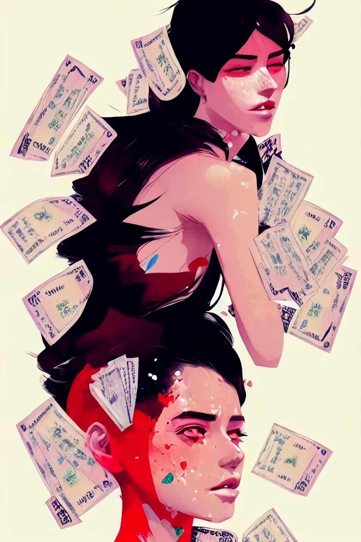 dessin de deux personnages feminins entourees de billets de banque