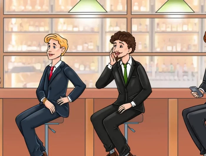 dessin de trois hommes assis au bar tournes en direction de la femme qui se tient debout devant eux