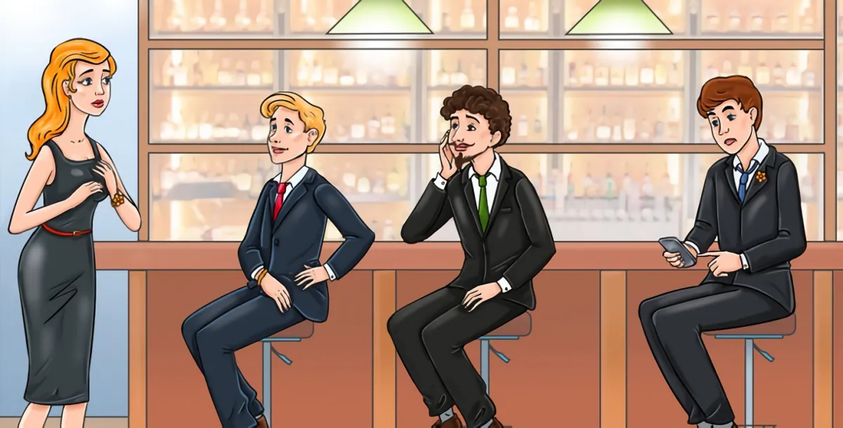 dessin de trois hommes assis au bar tournes en direction de la femme qui se tient debout devant eux