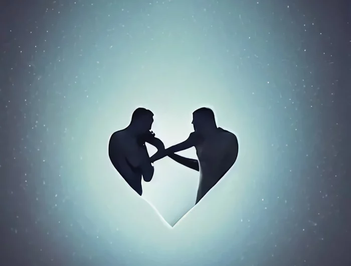 dessin en forme de cœur forme par deux personnes en face a face sur fond gris comme un ciel etoile tres claire