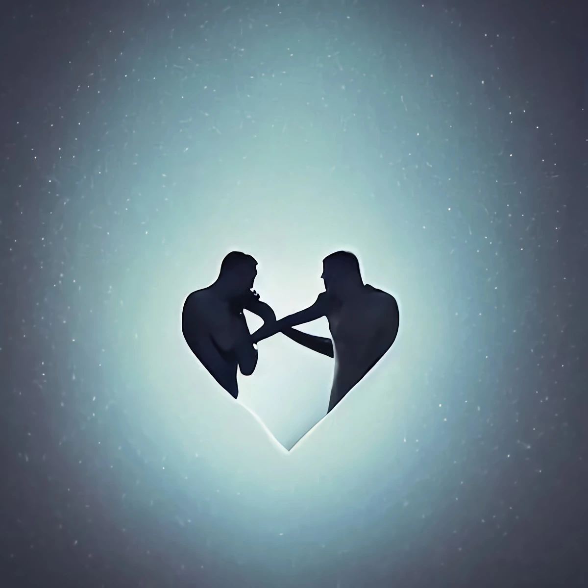 dessin en forme de cœur forme par deux personnes en face a face sur fond gris comme un ciel etoile tres claire