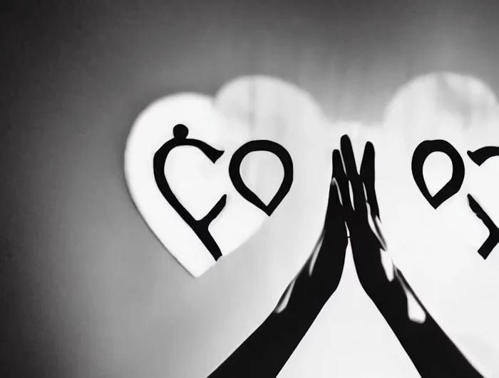 deux bras noirs et deux mains qui se rejoignent entre deux cœurs blancs avec des motifs noirs sur fond gris diffus
