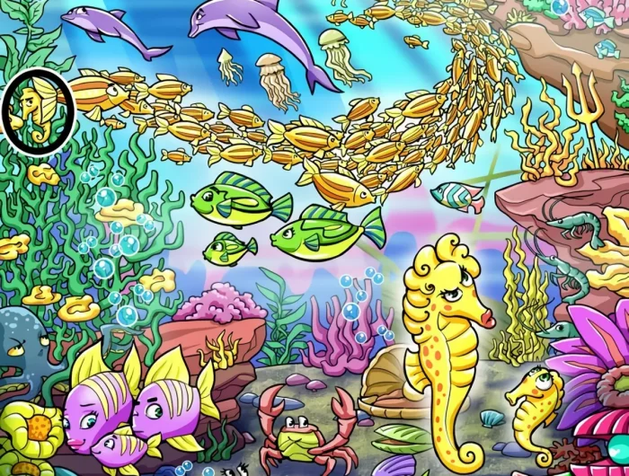 la famille hippocampe peut se reposer au fond de la mer car le petit dernier est trouve cache parmi une foule de poissons