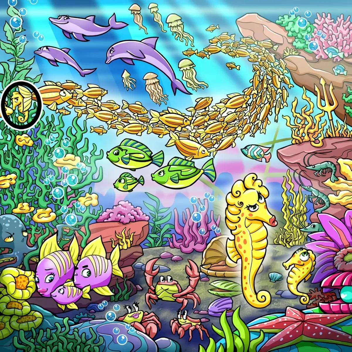 la famille hippocampe peut se reposer au fond de la mer car le petit dernier est trouve cache parmi une foule de poissons