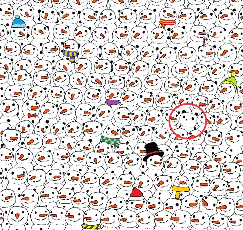 la panda parmi les bonhommes de neige entoure avec un cercle rouge