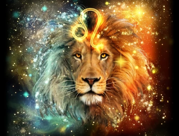 la tête du lion avec le symbole du lion en astrologie sur fond de ciel etoile