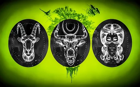 la trilogie element terre des signes capricorne taureau et vierge sous forme de gravure sur ellipses sur fond vert