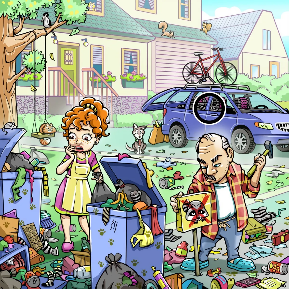 le raton laveur est dans la voiture du couple qui le cherche devant leur maison avec les poubelle en desordre